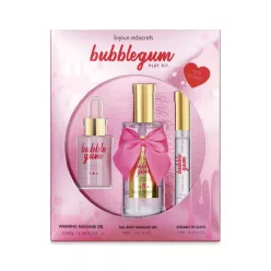   BUBBLEGUM Play Kit:- Warming massage oil 100 ml- Full body kissable massage gel 30ml- Oral Pleasure lip Gloss 13ml