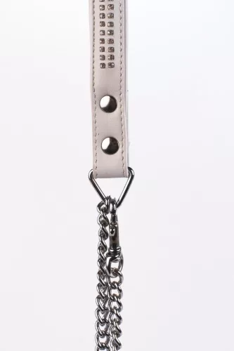 Lamb Leather Handle with 2 Rows of Small Rhinestones and Metal Chain White
