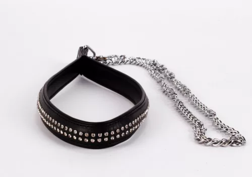 Lamb Leather Handle with 2 Rows of Small Rhinestones and Metal Chain Black